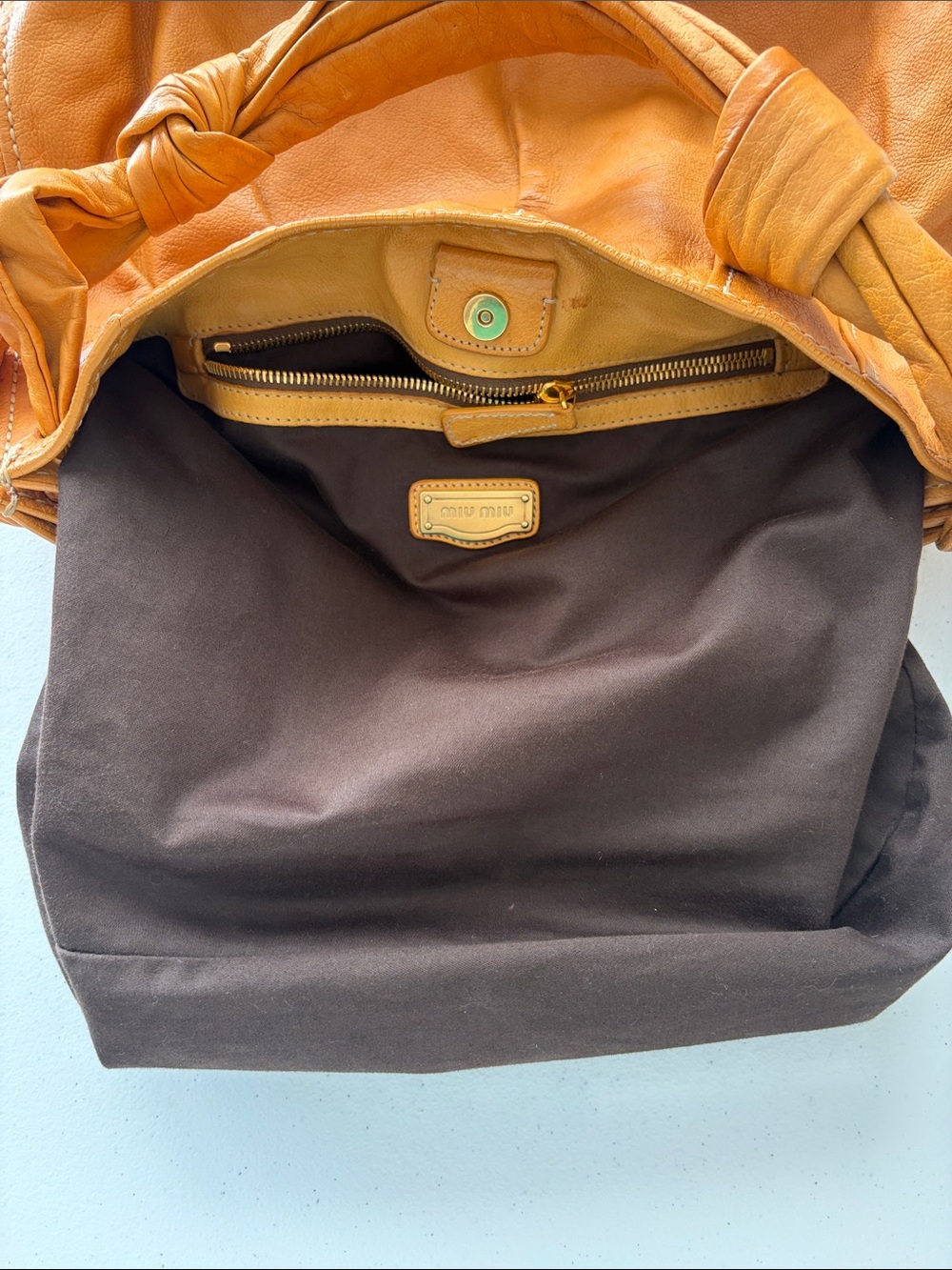 Miu Miu Vintage Vitello Leather Knotted Hobo Bag - Orange Apricot - Picture 13 of 16